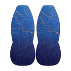 two blue bottles with a wavy pattern and orange lines on them.