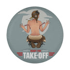 Pin-Up Girl Ready For Take-Off spare tire cover round flat view showing retro pinup artwork