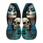 a pair of shoes with a striking design that combines elements of Day of the Dead and floral motifs. The design includes skull motifs, roses, and feathers, creating a visually captivating and intricate pattern.