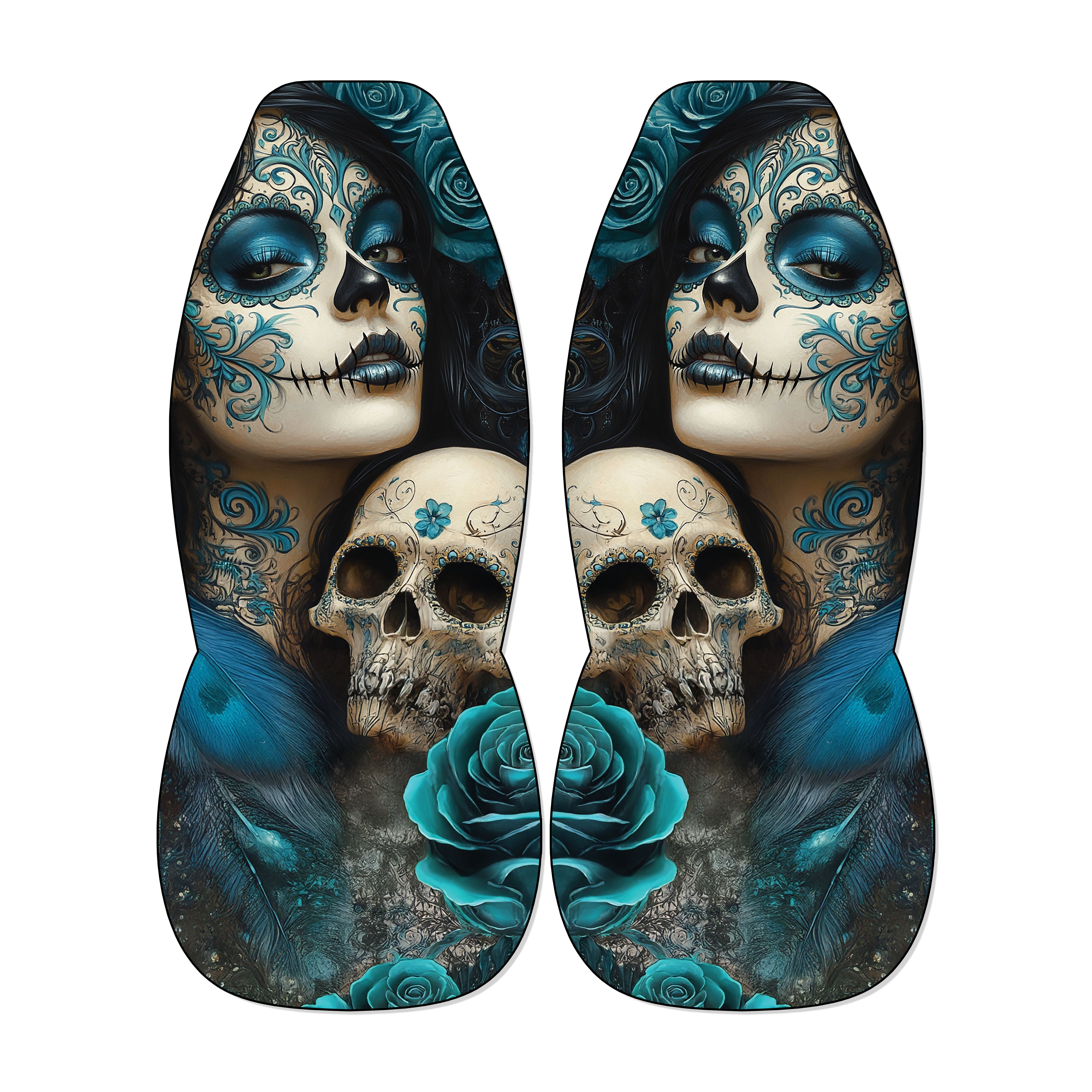 a pair of shoes with a striking design that combines elements of Day of the Dead and floral motifs. The design includes skull motifs, roses, and feathers, creating a visually captivating and intricate pattern.