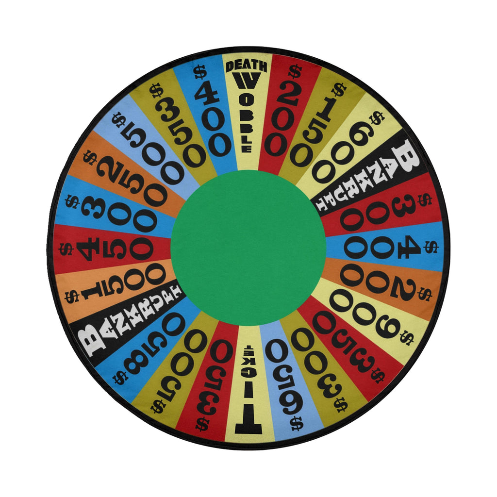 The image is a colorful wheel of fortune with various numbered sections and a green center.