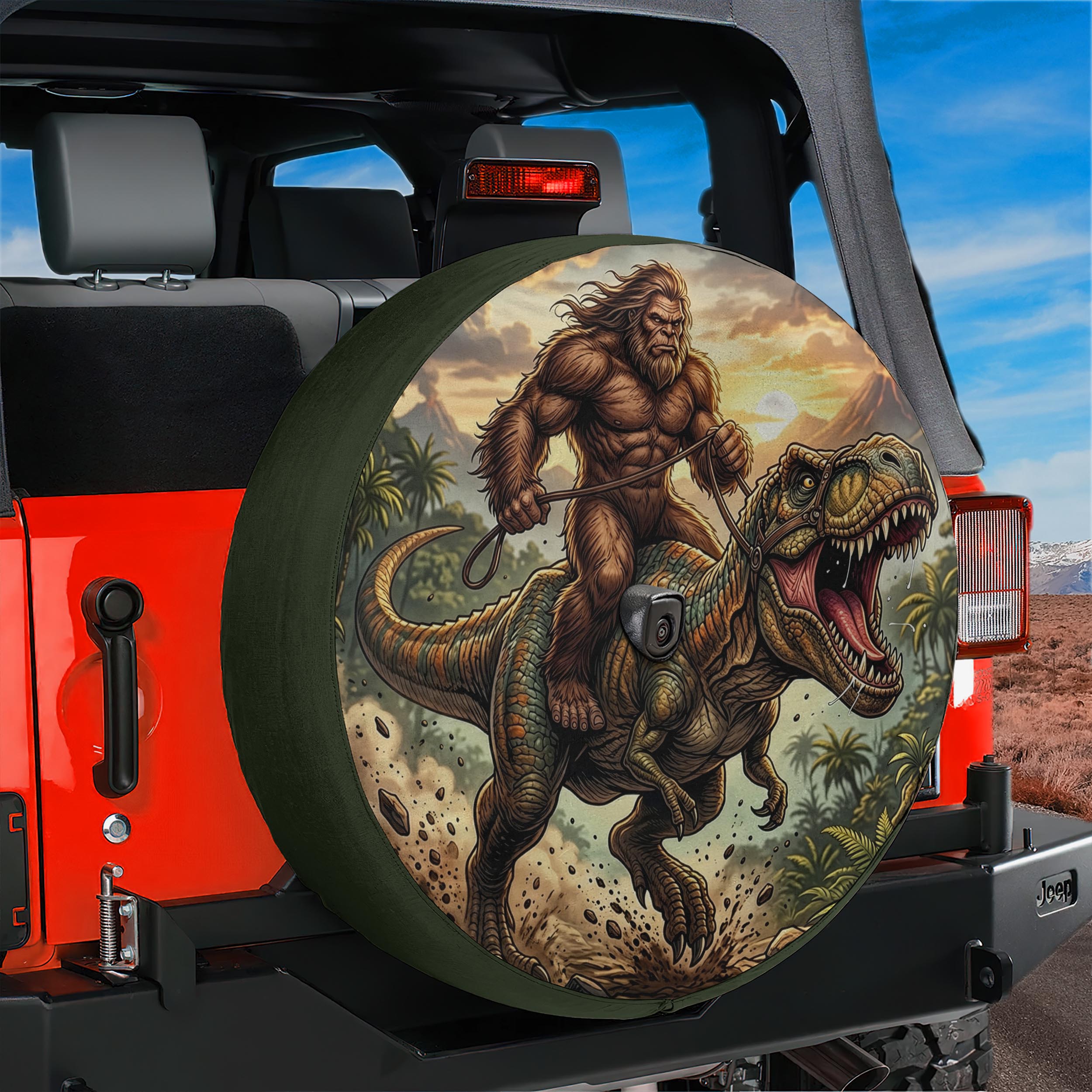 A large, detailed illustration of a Sasquatch riding a T-Rex on a Jeep vehicle.
