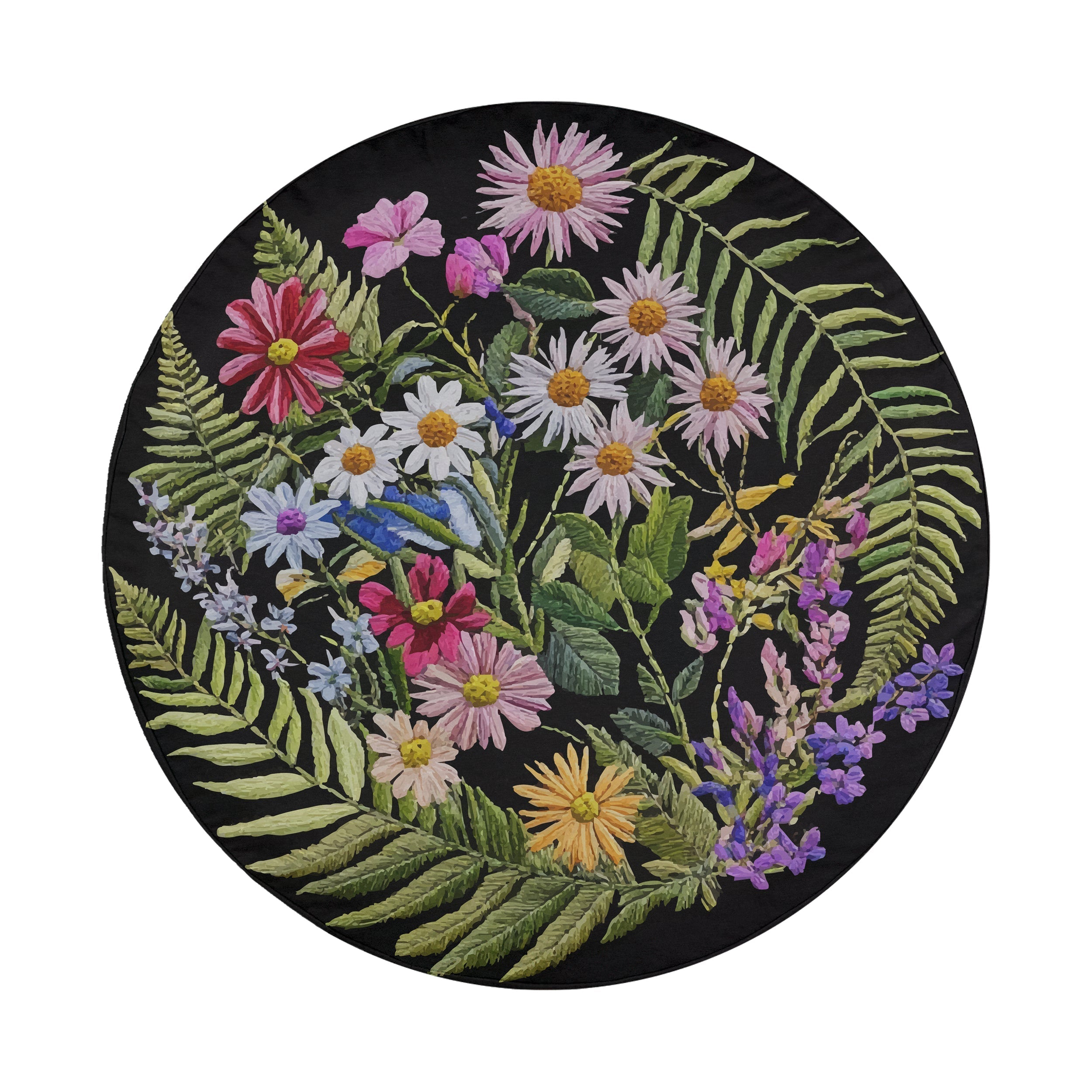 Faux embroidery wildflowers spare tire cover flat-lay floral artwork product view