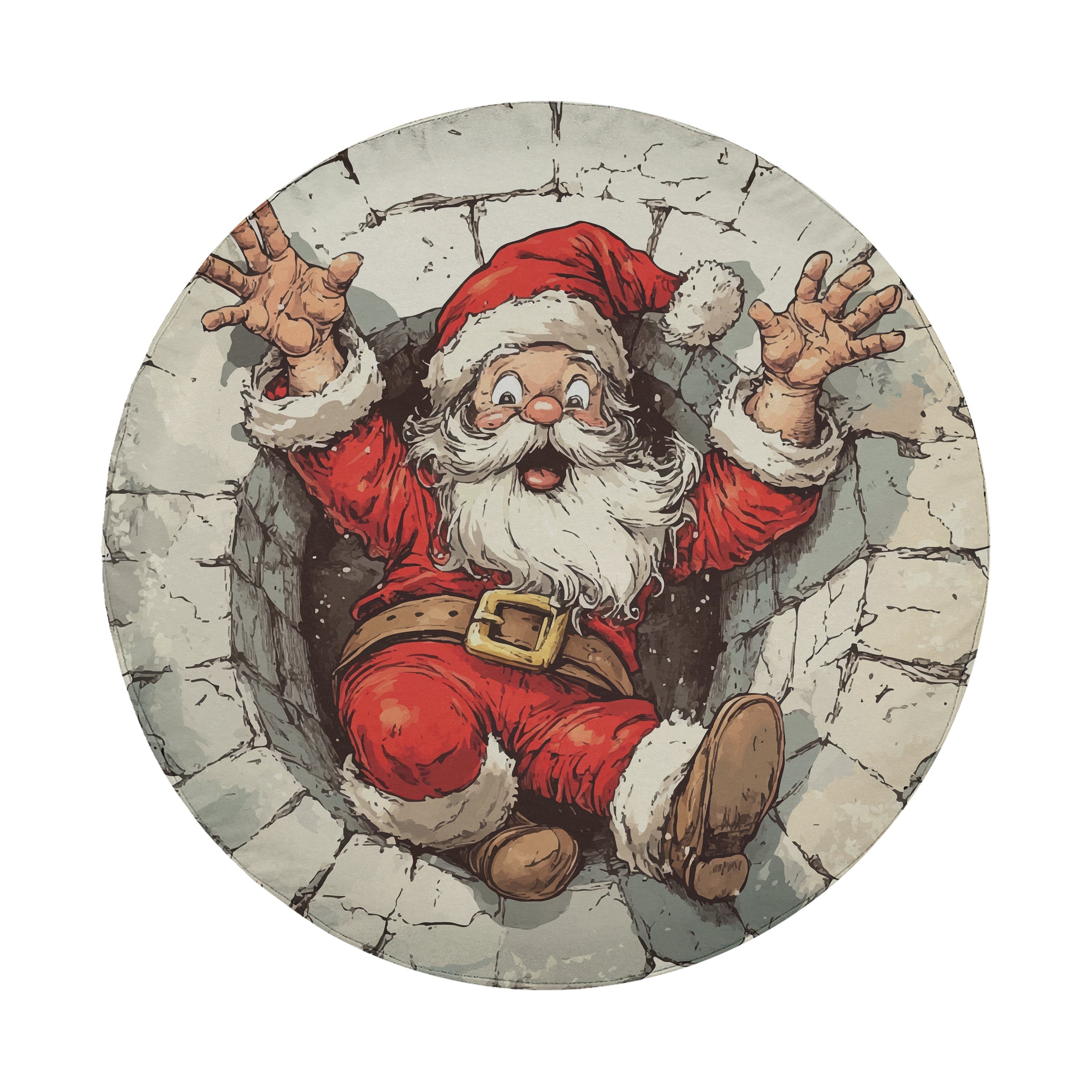 Santa's Great Chimney Escape spare tire cover flat art showing wide-eyed Santa wedged in a brick chimney top