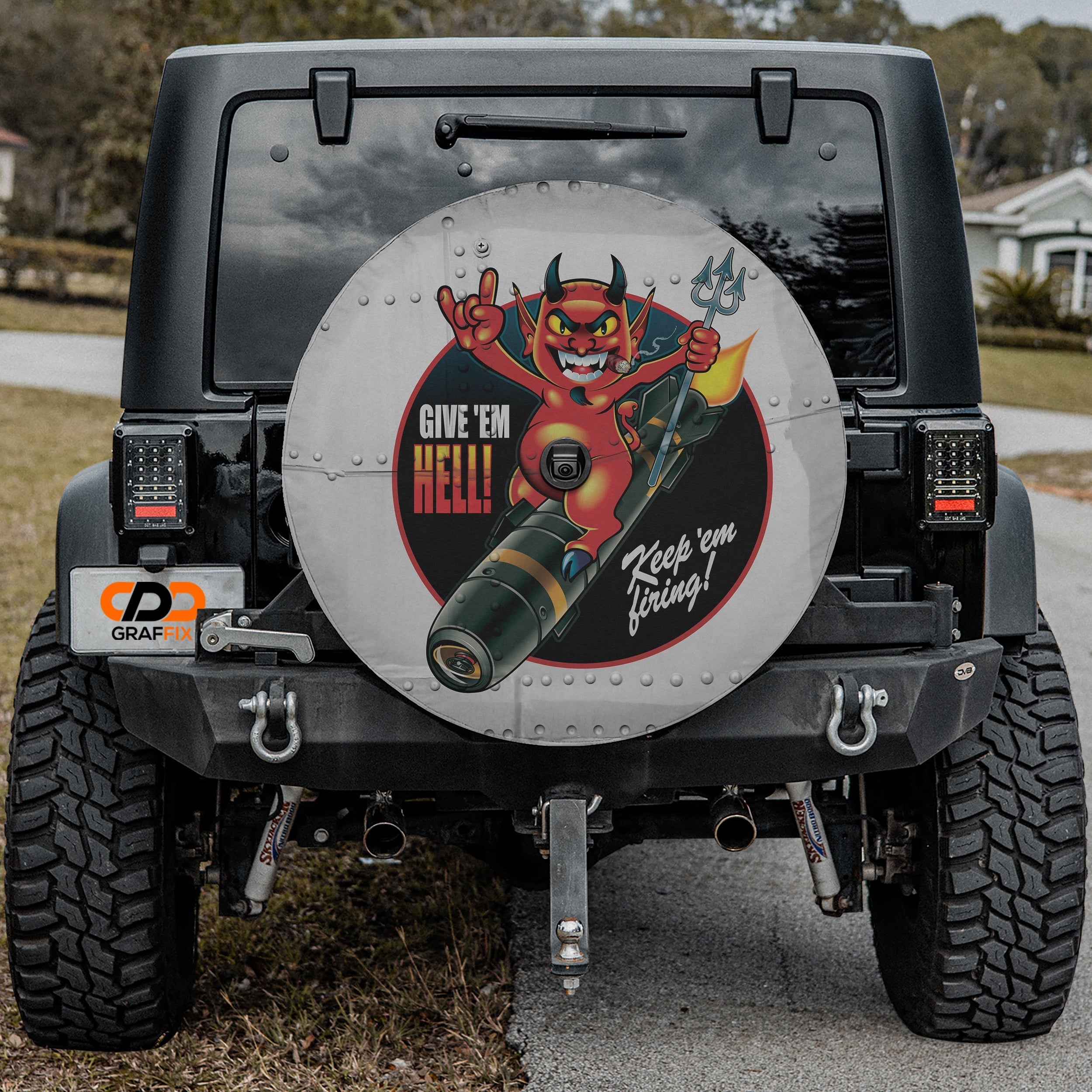 Give Em Hell Vintage Bomber Tire Cover | Jeep Decal Store