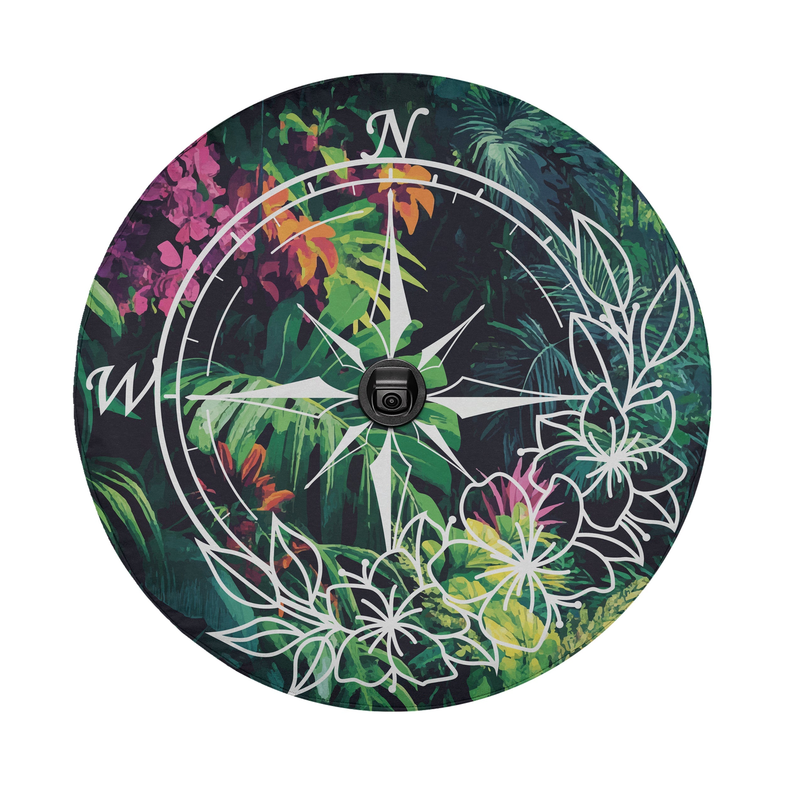 Tropical Compass Adventure spare tire cover view of compass rose surrounded by tropical leaves