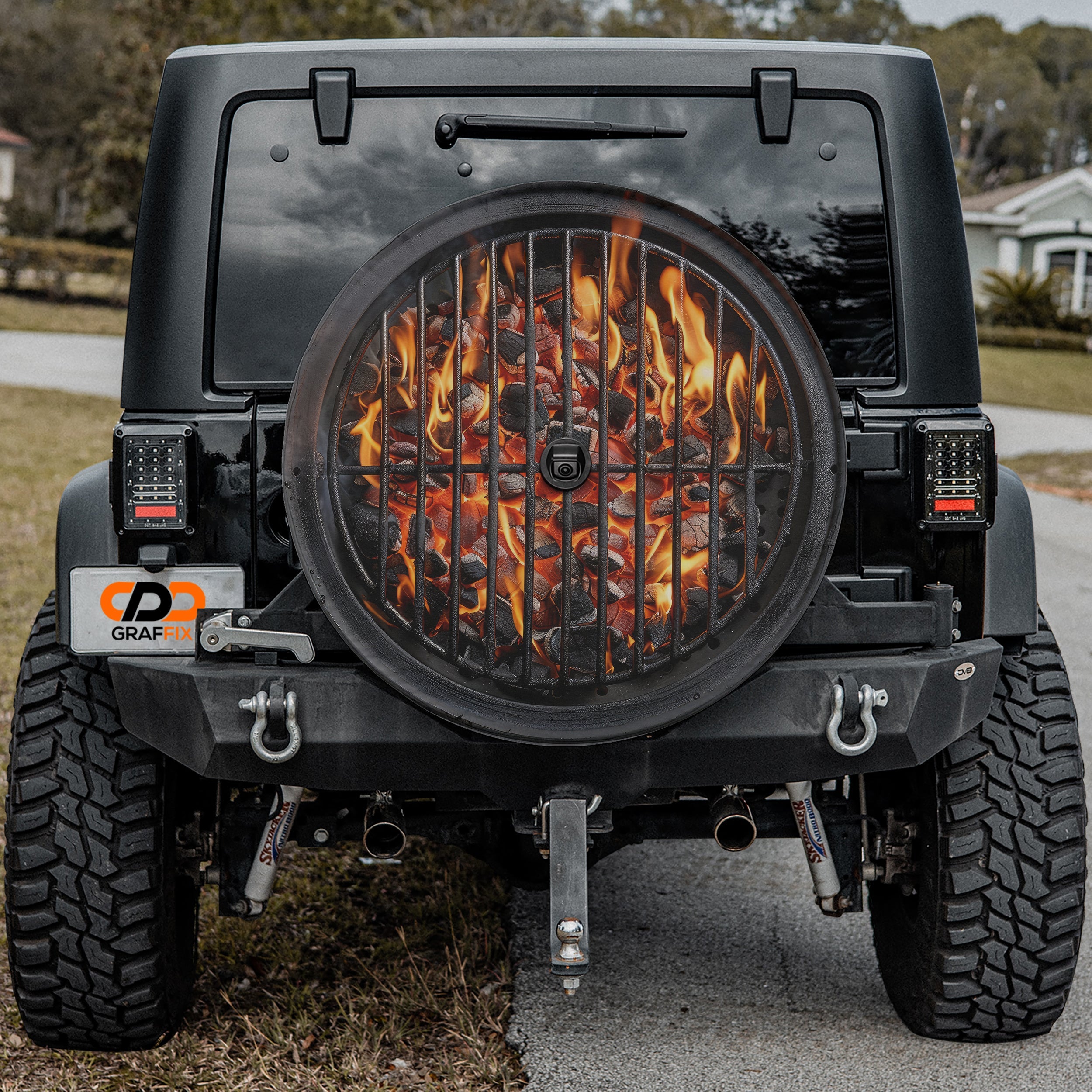 Charcoal grill spare tire cover with BBQ grate top view printed design
