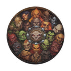 Flat round monster slayers gathering tire cover with cartoon goblin demon faces around central shield