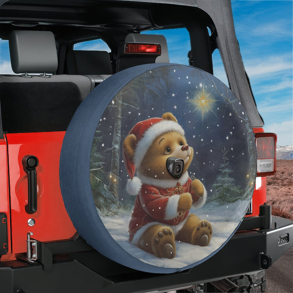 Twinkle Bear Dreams spare tire cover mounted on red Jeep rear with starry night sky teddy bear and crescent moon