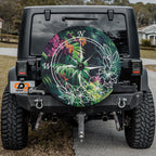 Tropical Compass Adventure spare tire cover with jungle compass design mounted on Jeep vehicle