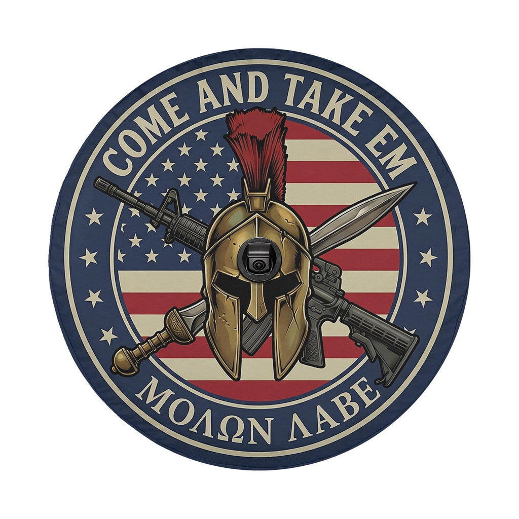 a circular emblem with a helmet, crossed swords, and a camera, all set against an American flag background. The text "COME AND TAKE EM" is prominently displayed around the emblem.