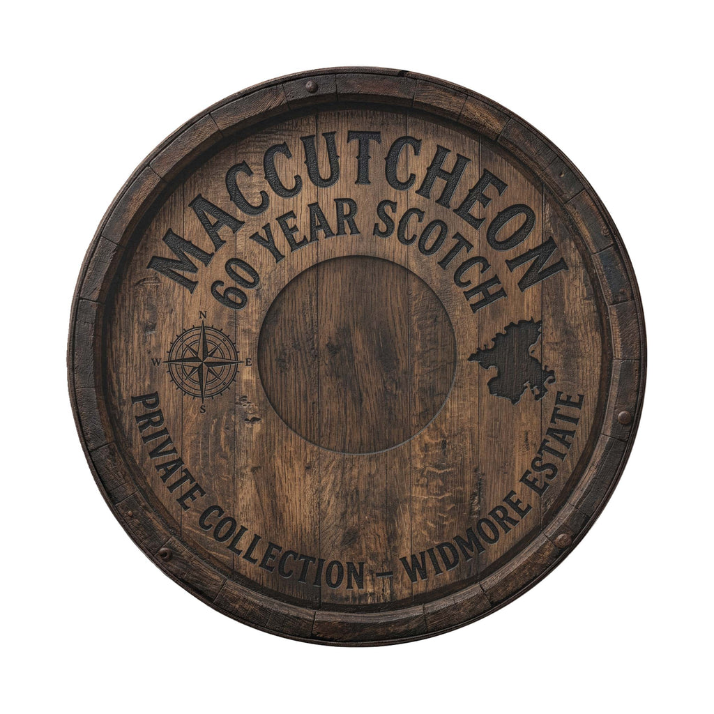 The image is a wooden barrel with embossed text and symbols, including a compass rose and a map, indicating it is a commemorative or promotional item related to a private collection or estate.