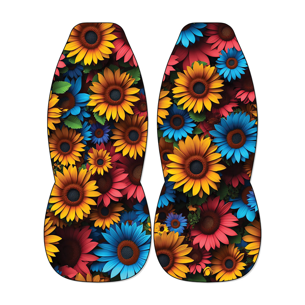 Colorful sunflower front car seat covers with bright yellow floral print on universal bucket seats