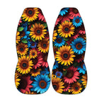Colorful sunflower front car seat covers with bright yellow floral print on universal bucket seats