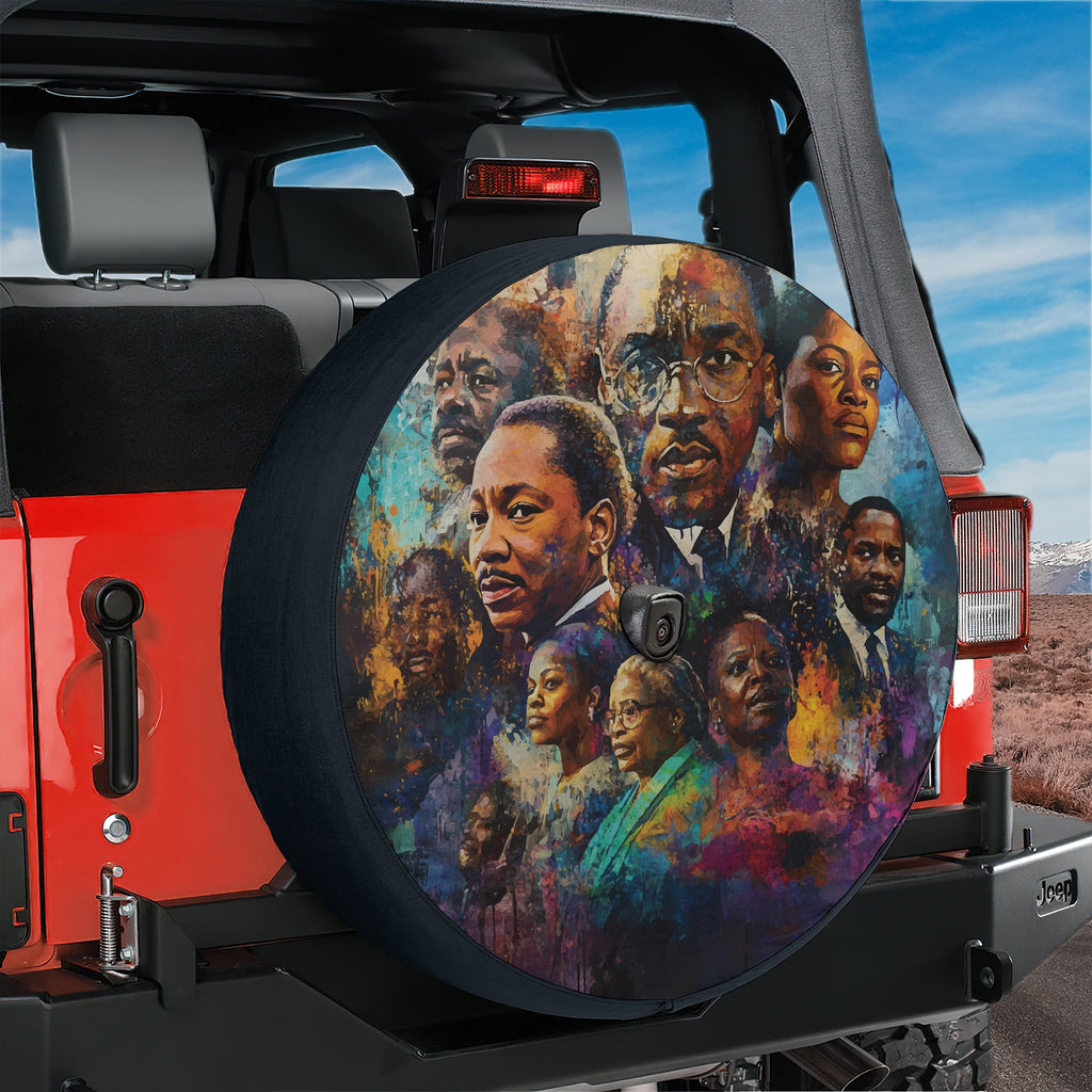 Black History leaders tribute spare tire cover featuring civil rights icons and portraits