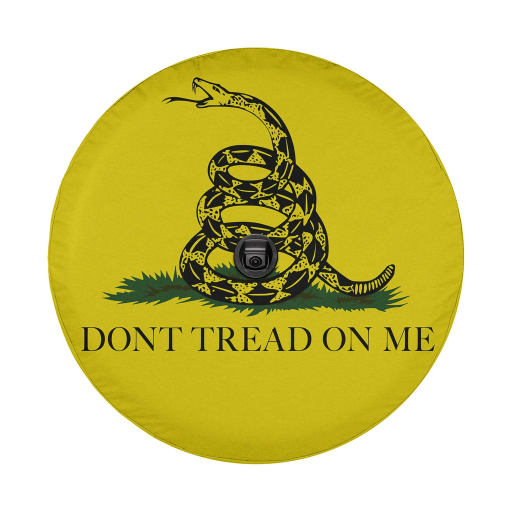 Gadsden flag tire cover front close-up with coiled rattlesnake over grass and Don't Tread on Me caption