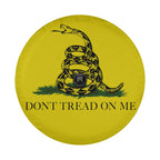 Gadsden flag tire cover front close-up with coiled rattlesnake over grass and Don't Tread on Me caption