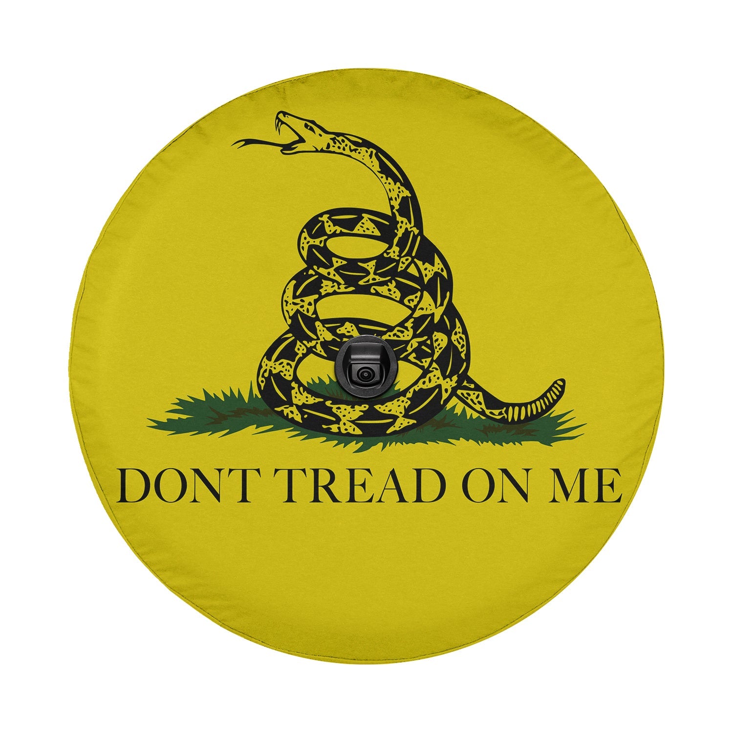 Gadsden flag tire cover front close-up with coiled rattlesnake over grass and Don't Tread on Me caption