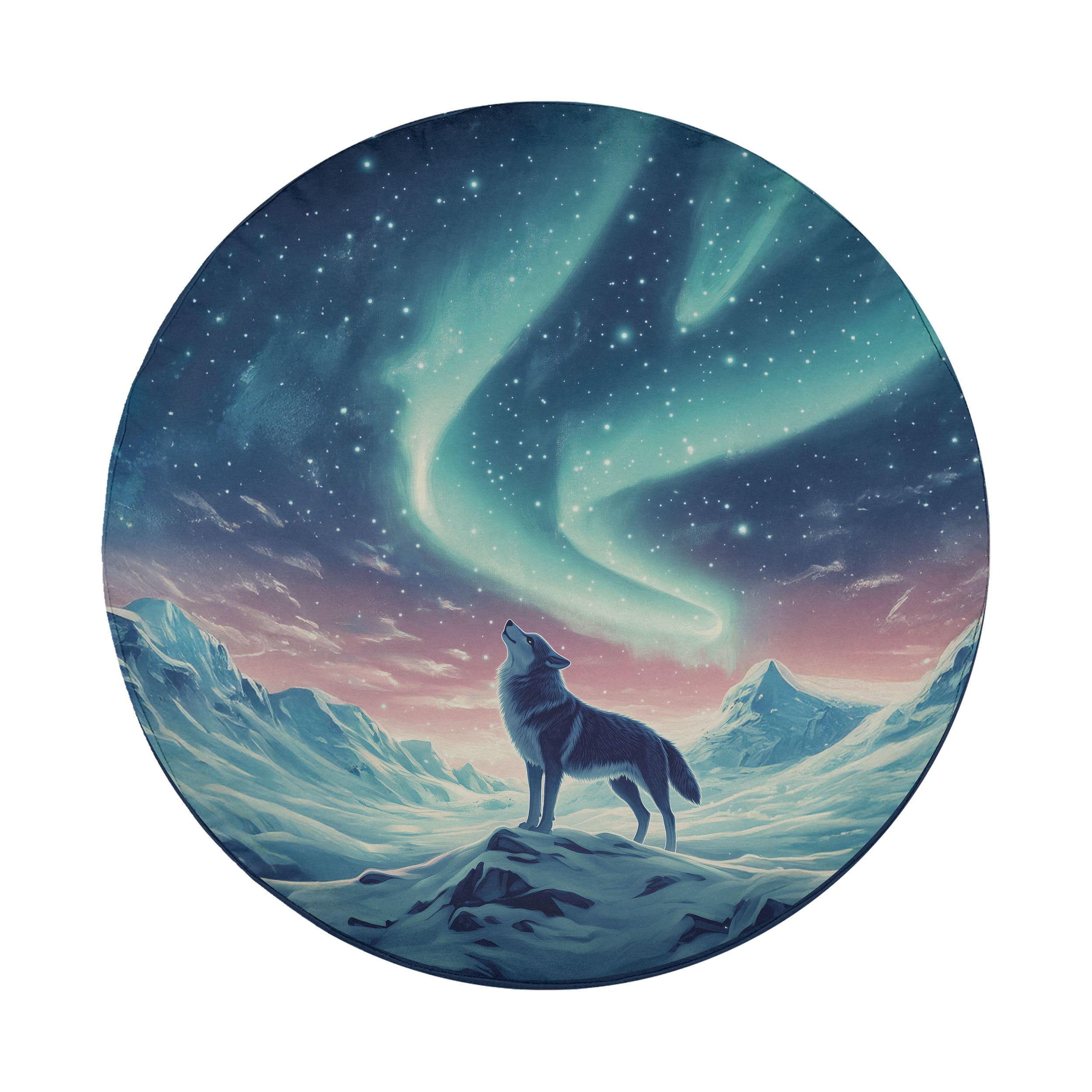 Aurora Wolf spare tire cover flat artwork with howling wolf silhouette beneath teal aurora and starry mountain