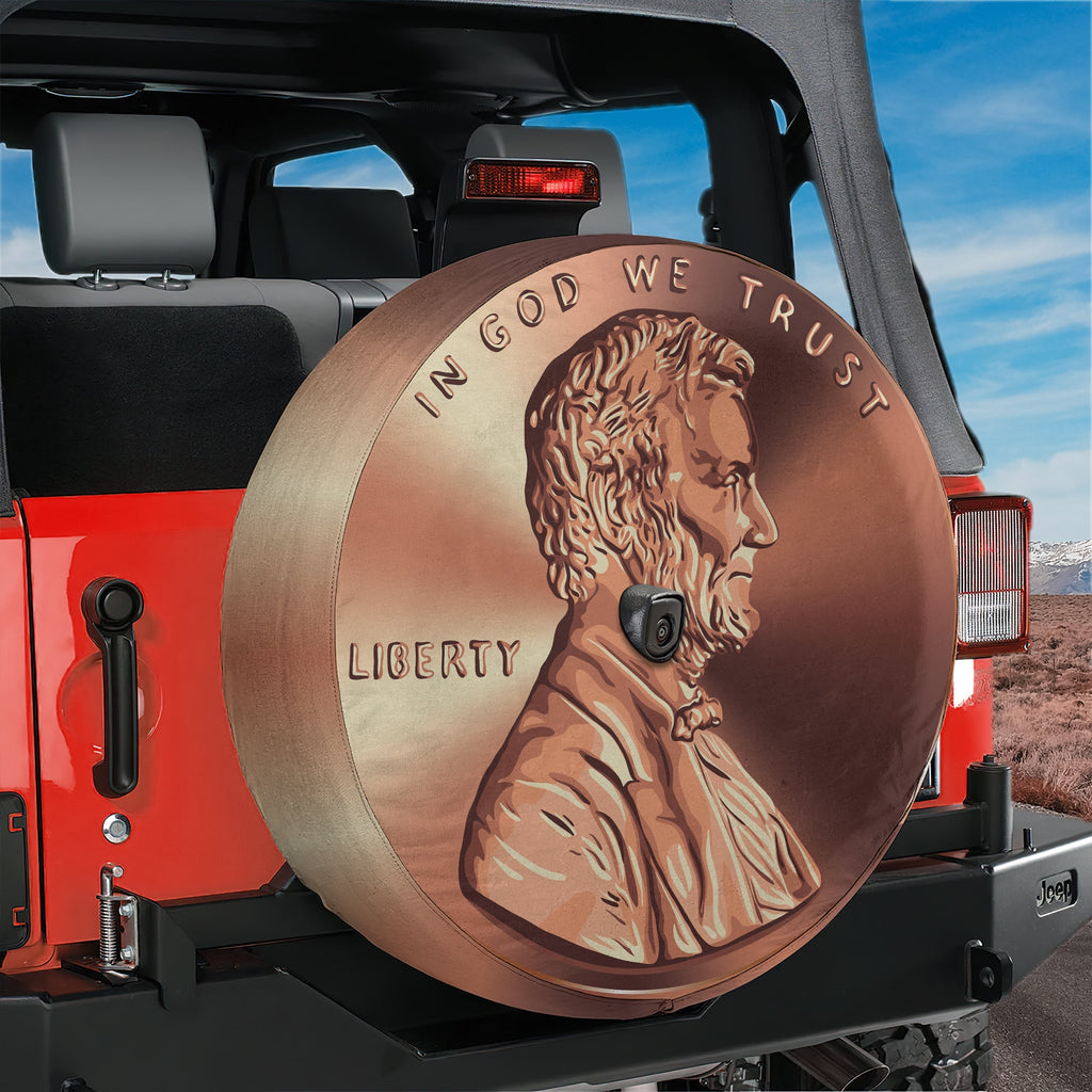 Giant American penny spare tire cover flat view showing copper Lincoln cent obverse design