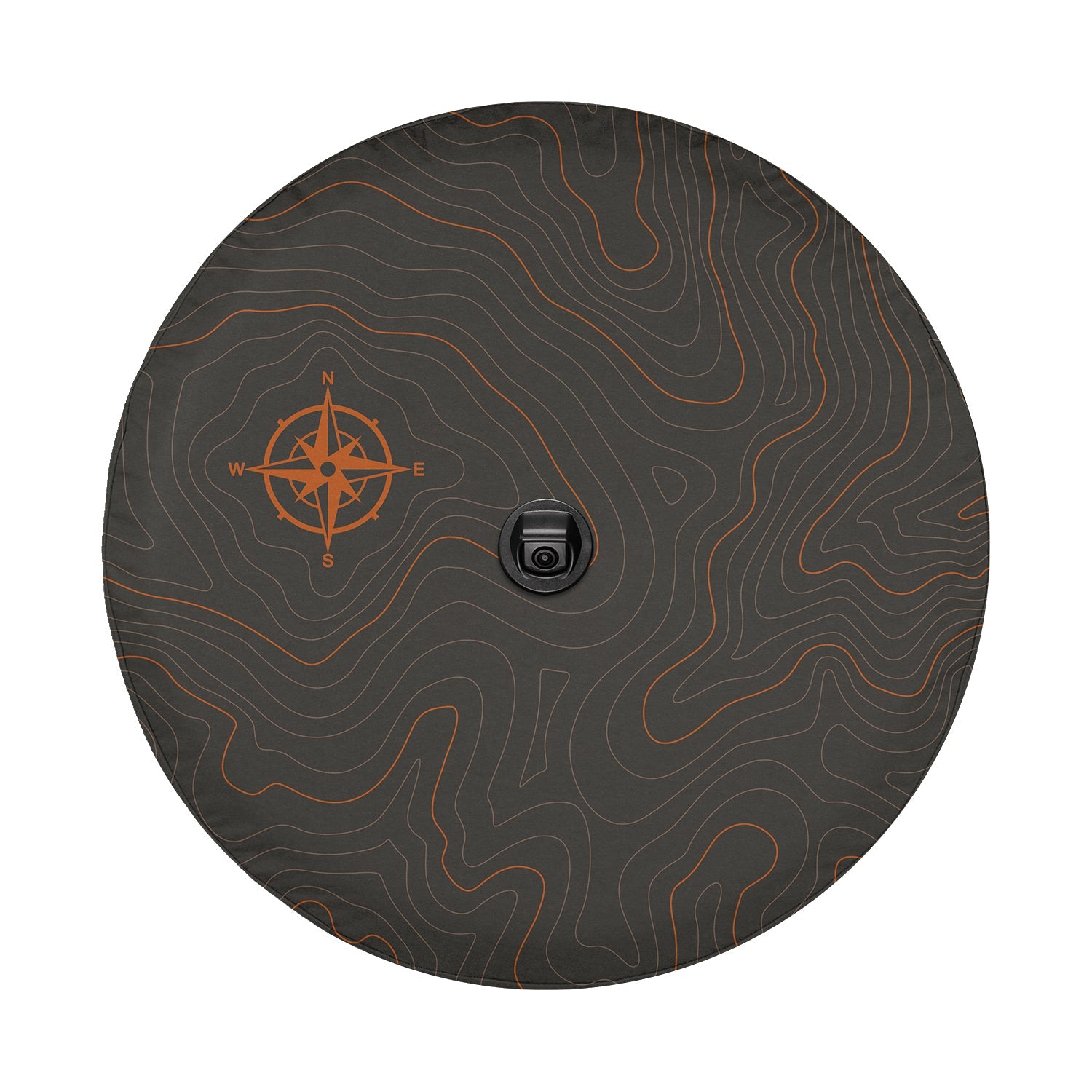 Topographic tire cover camera cutout closeup with orange contour lines around stretchy elastic camera port