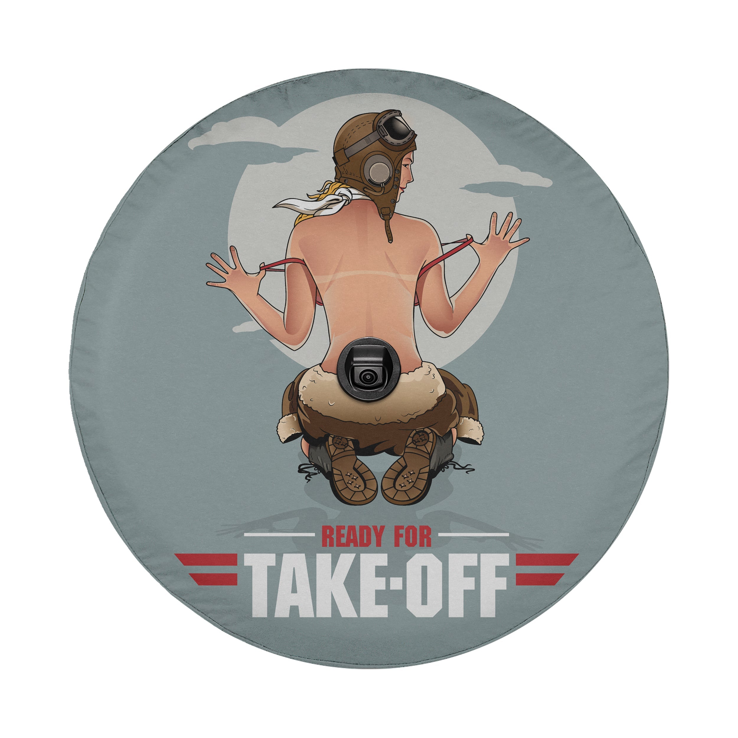 Pin-Up Girl Ready For Take-Off spare tire cover round flat view with camera cutout pinup