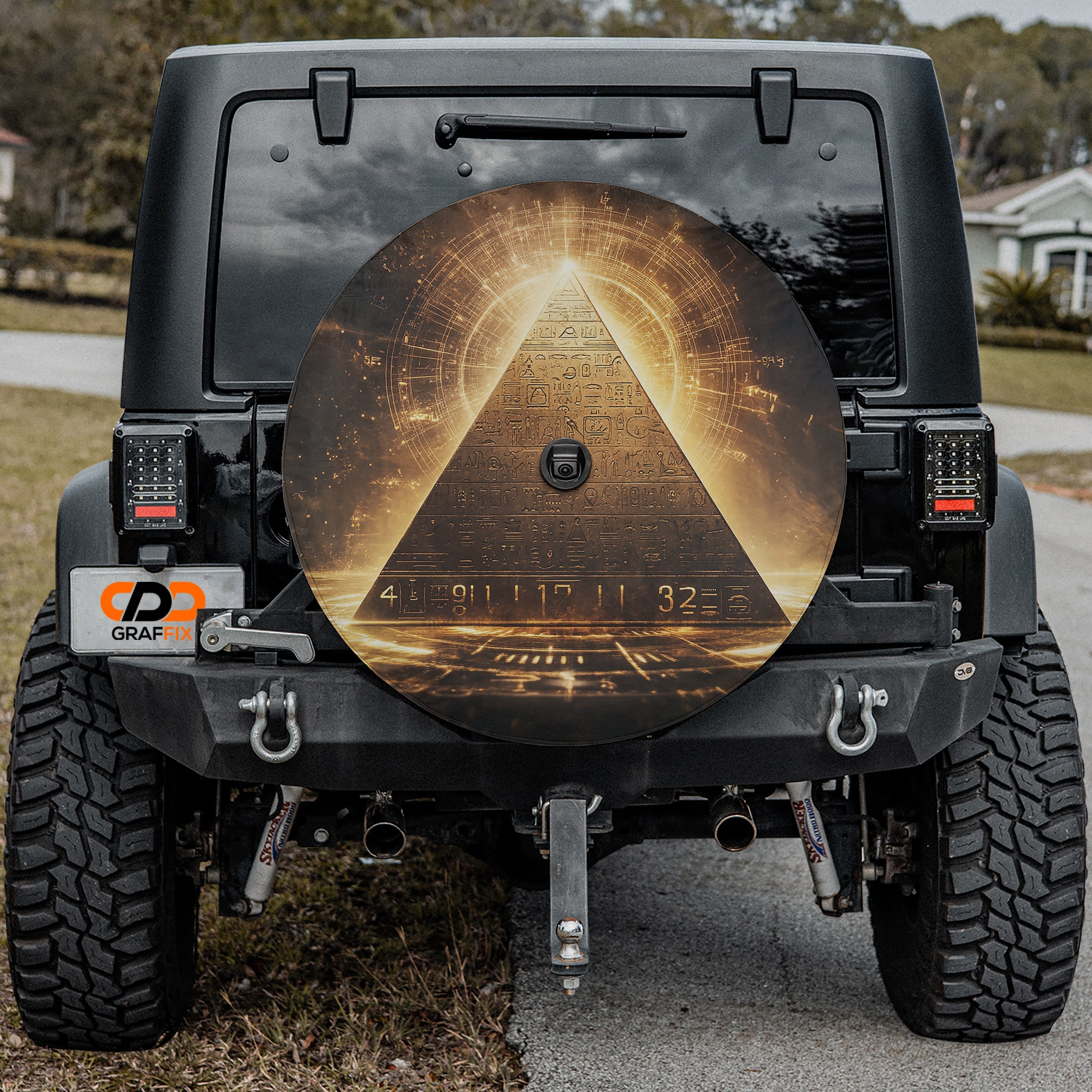 Golden Pyramid of Secrets spare tire cover fabric and grommet closeup view