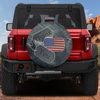 Flat veterans tribute spare tire cover artwork featuring dog tags, US flag and Thank You message on stone