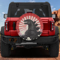 Kaiju Japanese sunburst spare tire cover on red Bronco with black dragon silhouette red rising rays