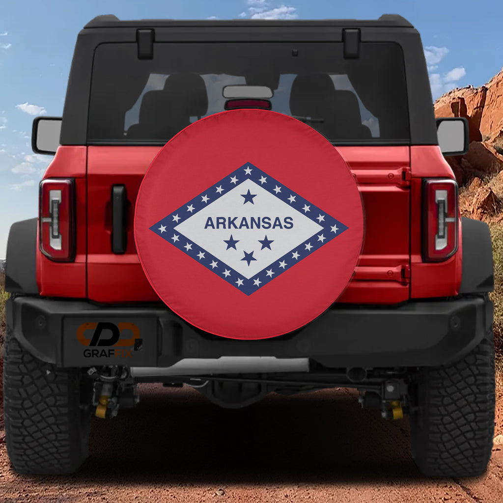 Arkansas state flag spare tire cover close-up studio shot without camera cutout featuring crisp diamond emblem