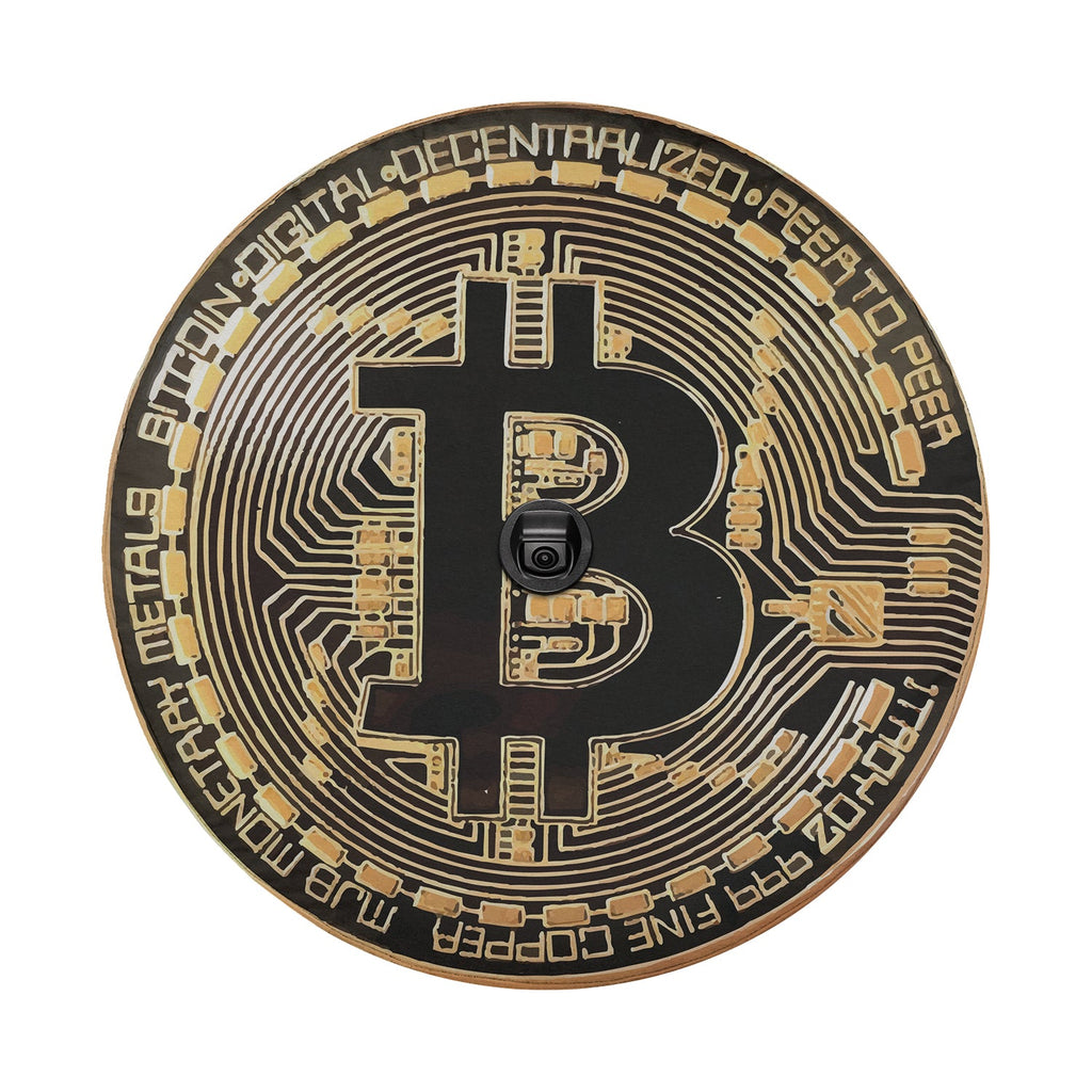Bitcoin Crypto Token spare tire cover flat art with backup camera cutout, gold B coin and digital circuit ring