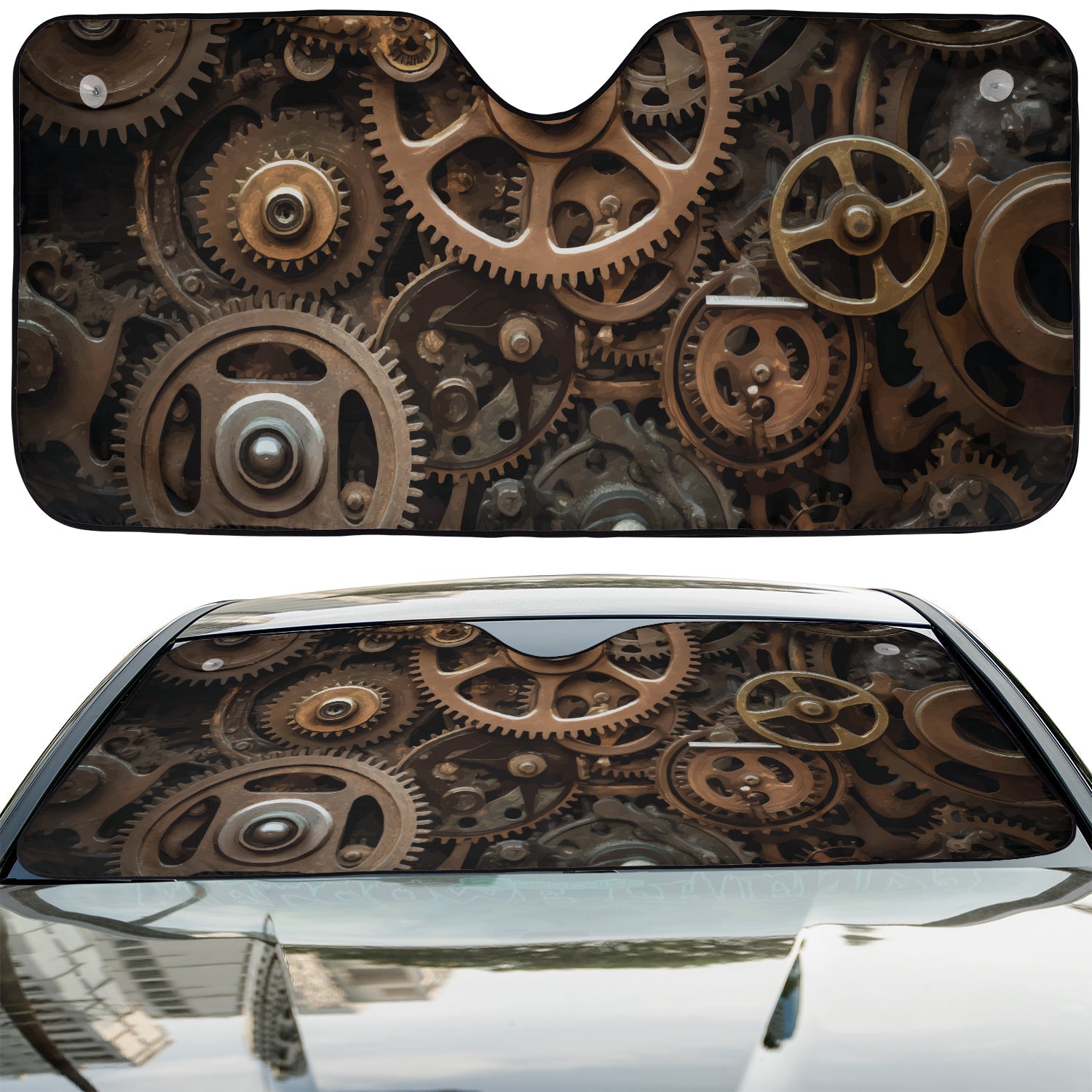 Gears and Sprockets accordion sunshade installed in a sedan windshield on a sunny urban city street view