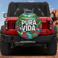 Pura Vida tropical birds spare tire cover with toucan macaw rainforest art on red Ford Bronco SUV