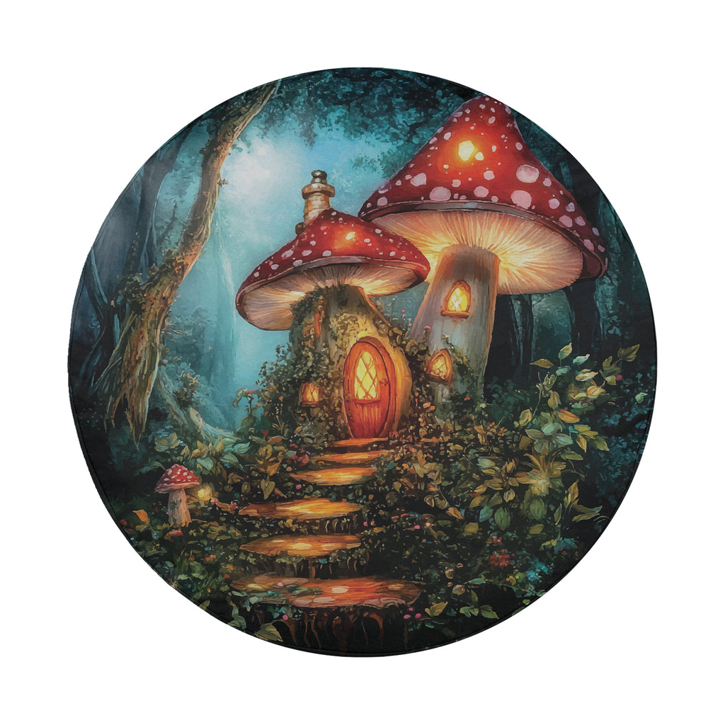 Enchanted Mushroom Cottage spare tire cover flat art with a glowing-door mushroom house in a fantasy forest scene