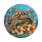 A detailed illustration of a sea turtle surrounded by vibrant tropical flowers and plants, set against a blue background.