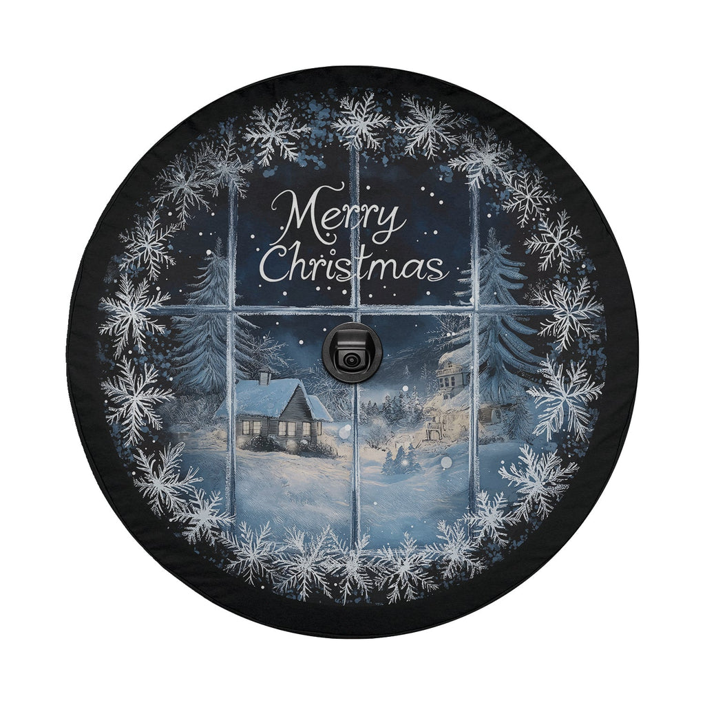 Merry Christmas silent night cabin scene tire cover round art with center backup camera hole