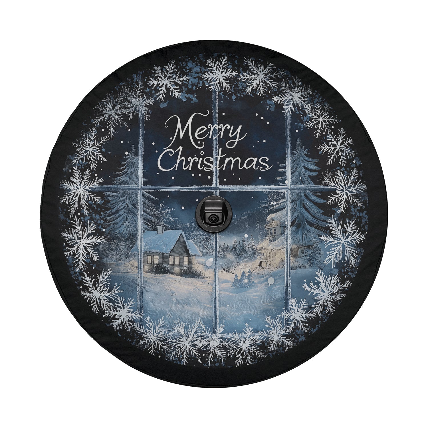 Merry Christmas silent night cabin scene tire cover round art with center backup camera hole