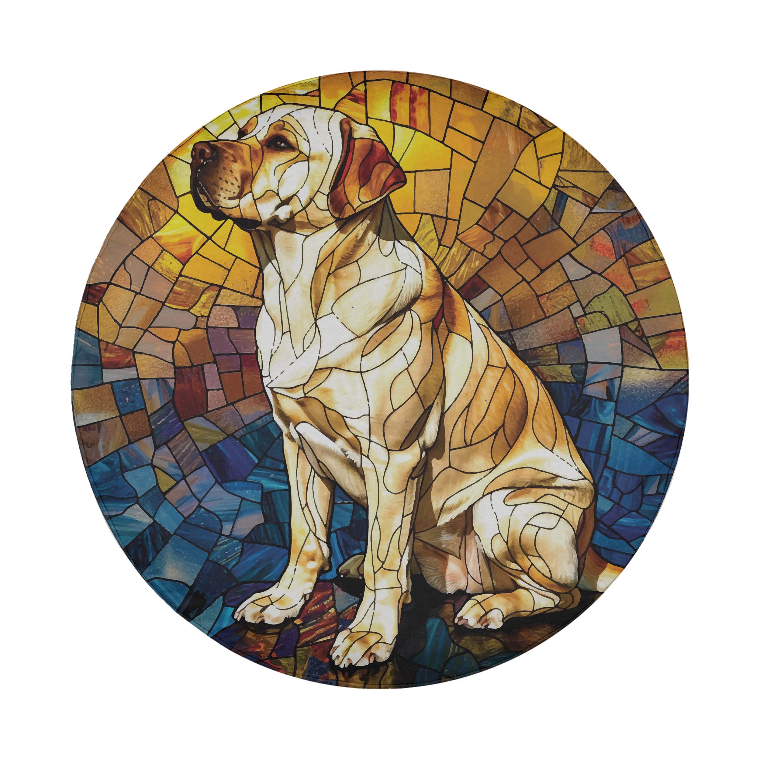 Round stained glass golden Labrador tire cover white background sitting yellow lab amber blue tiles