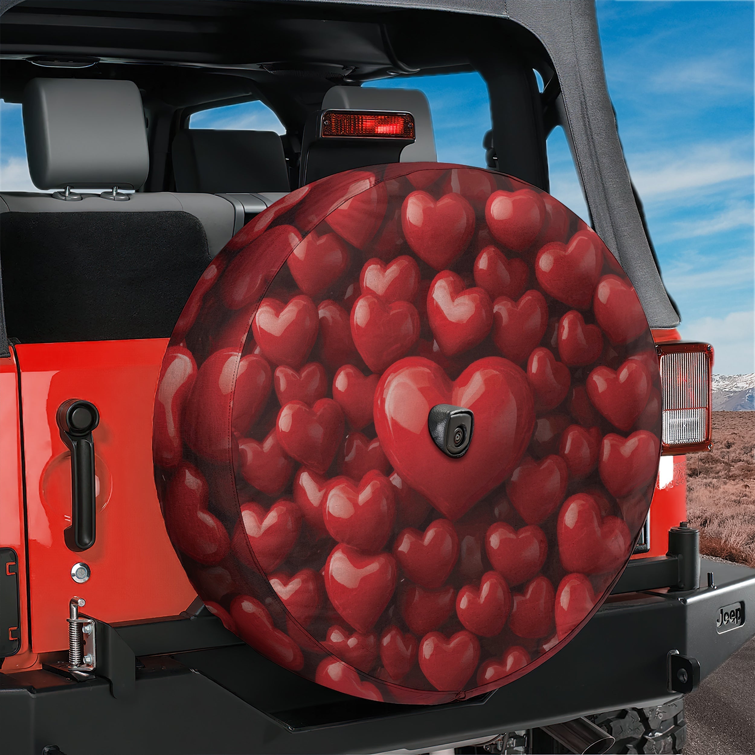 Candy Heart Cover spare tire cover rear angle showing bold glossy red Valentine hearts print