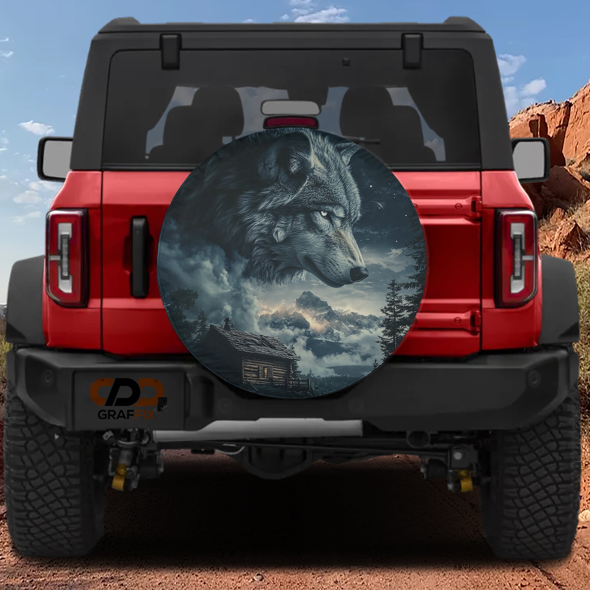 Spirit Wolf Overlook design printed spare tire cover with optional backup camera hole by Graffix