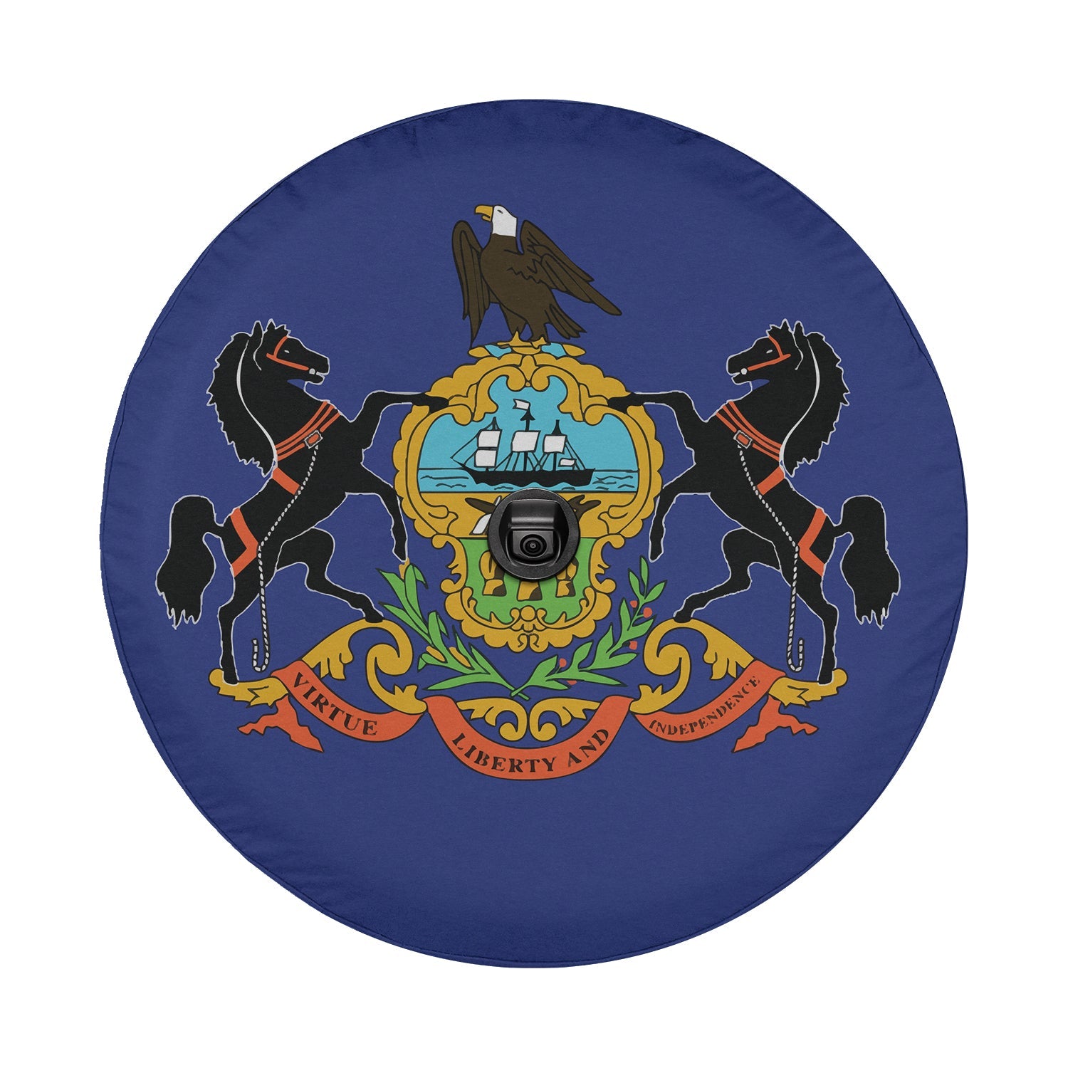 Pennsylvania state flag spare tire cover on black Jeep Wrangler with Graffix plate featuring heraldic shield