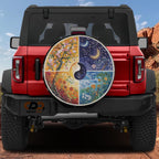 Seasons Change watercolor four seasons tire cover on red Jeep Wrangler with backup camera cutout hole