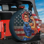 WWII Labor Woman spare tire cover with patriotic Rosie design shown on red Jeep Wrangler back