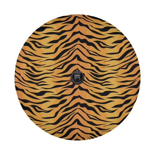 Bengal tiger print spare tire cover on a black Jeep Wrangler showing GRAFFIX rear bumper sticker logo
