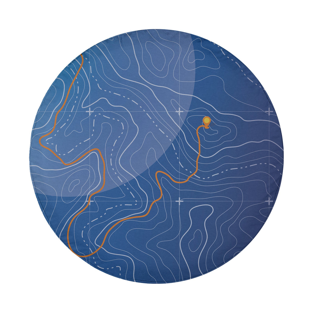 Flat topographic trails spare tire cover artwork showing blue elevation contour lines and hiking trails