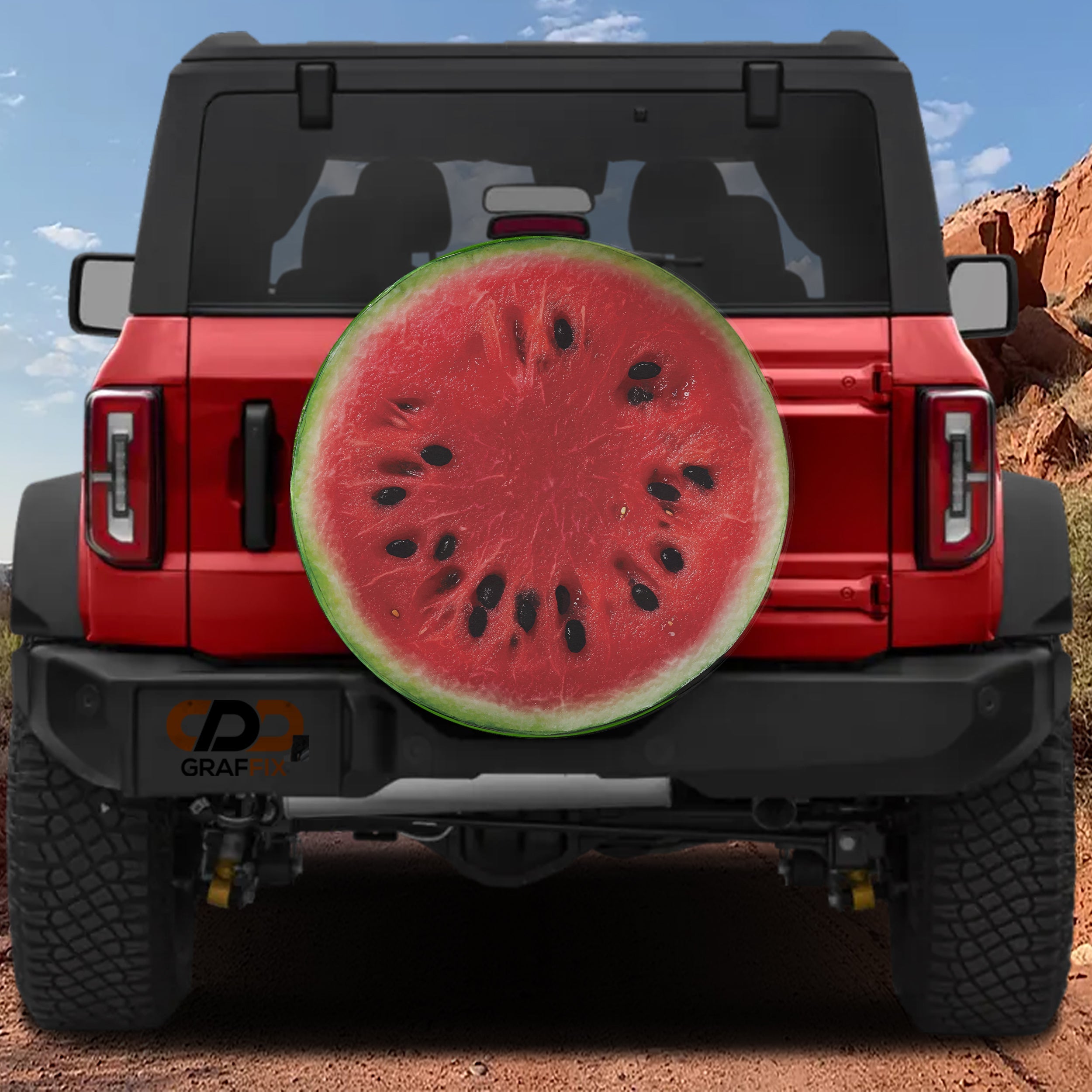 Watermelon half spare tire cover with juicy pink fruit slice and green rind summer design