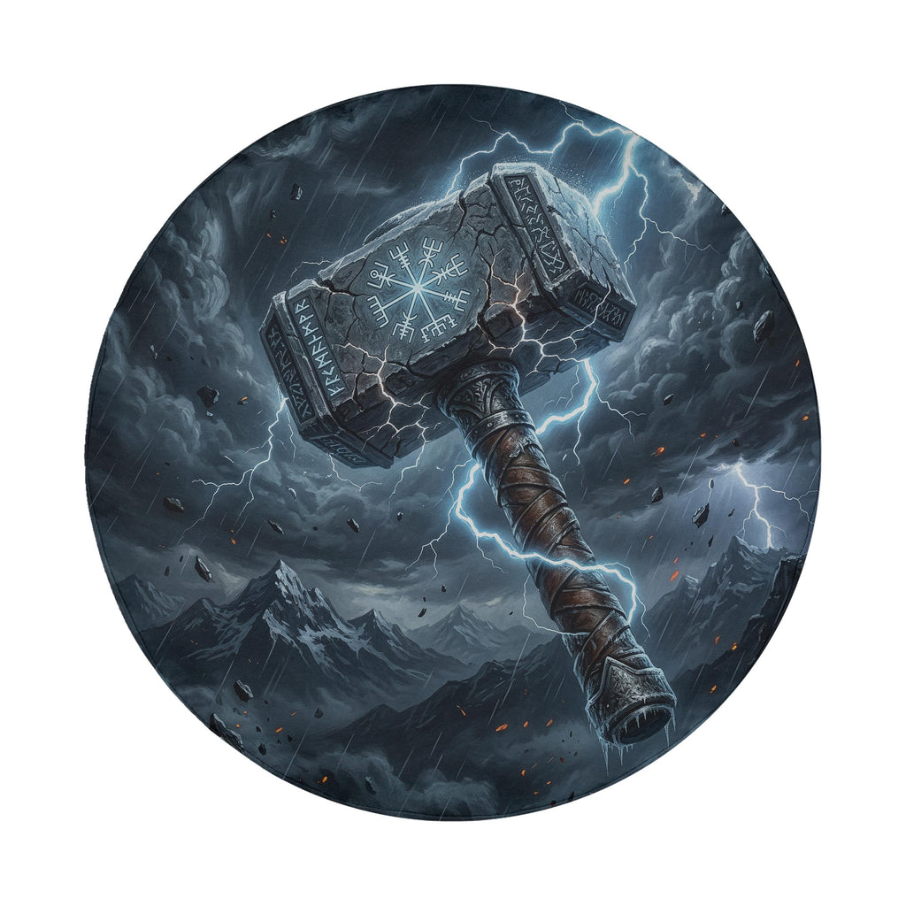 A large, imposing hammer with a lightning bolt on top, surrounded by a stormy, mountainous landscape with lightning bolts and falling debris.