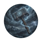 A large, imposing hammer with a lightning bolt on top, surrounded by a stormy, mountainous landscape with lightning bolts and falling debris.