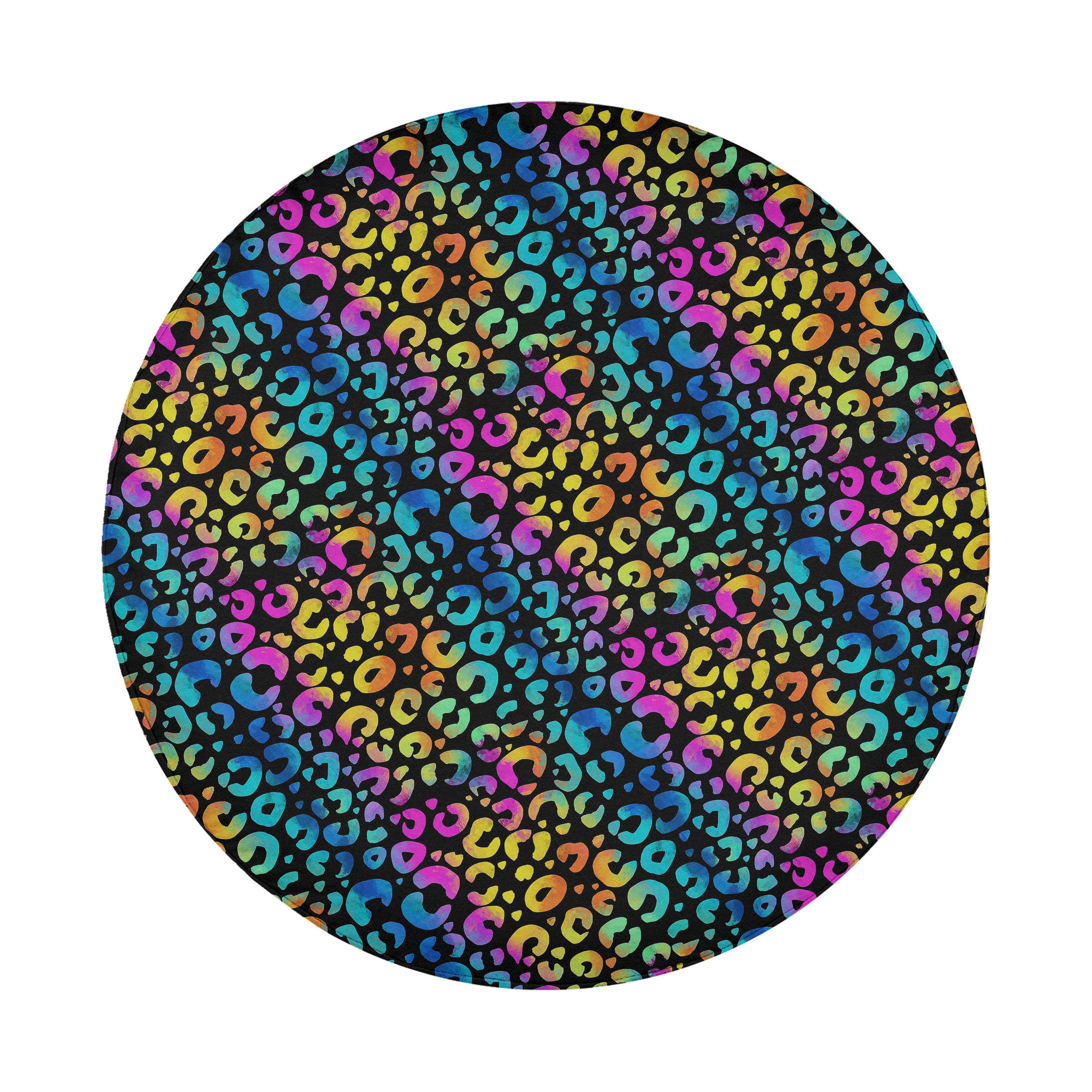 Leopard rainbow print spare tire cover on black Jeep Wrangler showing colorful animal print design