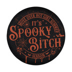 Spooky Bitch Season Halloween tire cover mounted angle view on Jeep Bronco rear spare wheel